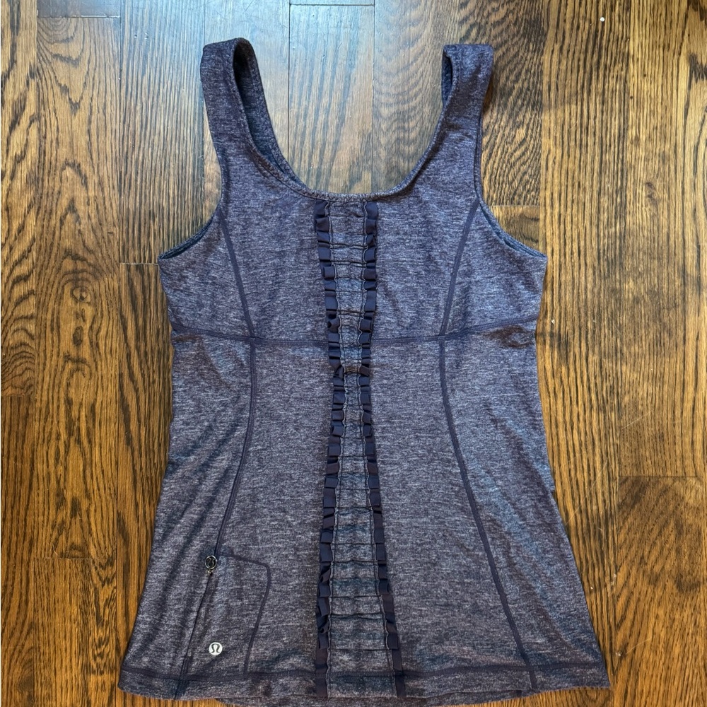 Lululemon Run Free Tank Top Heathered Black Purple Swan Ruffle -Size 6